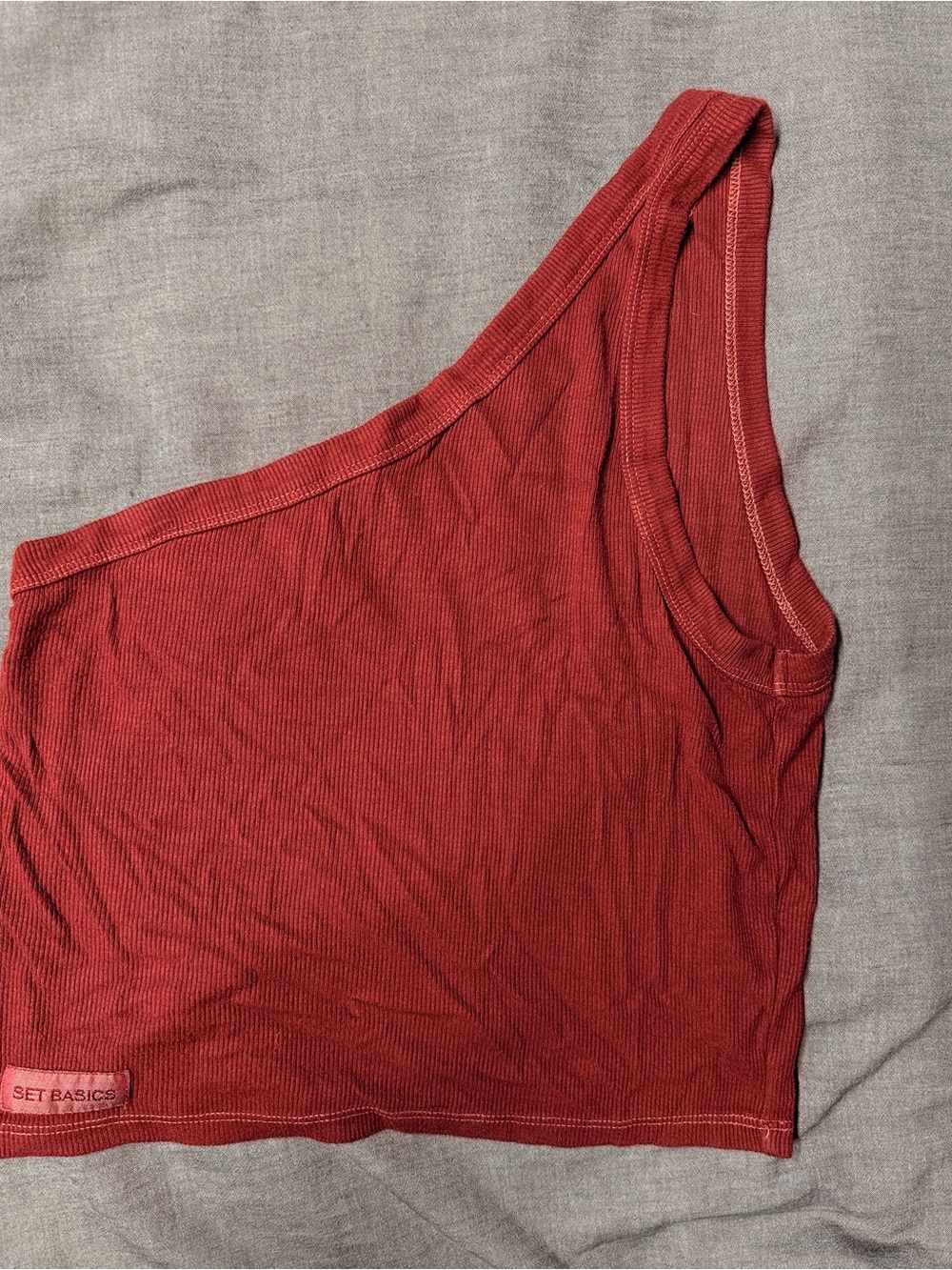 One-Shoulder Burgundy Ribbed Crop Top - Picture 2 of 6
